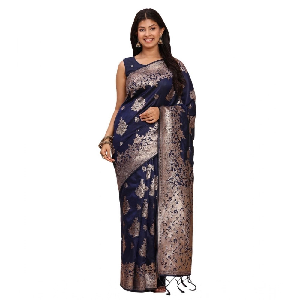 Seduva Women's Banarasi Silk Printed Saree With Unstitched Blouse 5.5Mtr (Navy Blue)