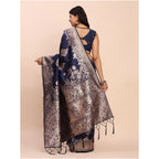 Seduva Women's Banarasi Silk Printed Saree With Unstitched Blouse 5.5Mtr (Navy Blue)