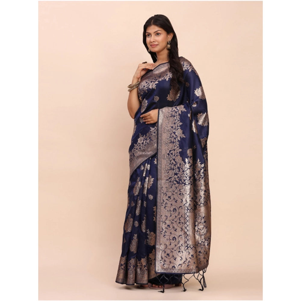 Seduva Women's Banarasi Silk Printed Saree With Unstitched Blouse 5.5Mtr (Navy Blue)