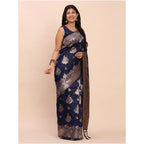 Seduva Women's Banarasi Silk Printed Saree With Unstitched Blouse 5.5Mtr (Navy Blue)