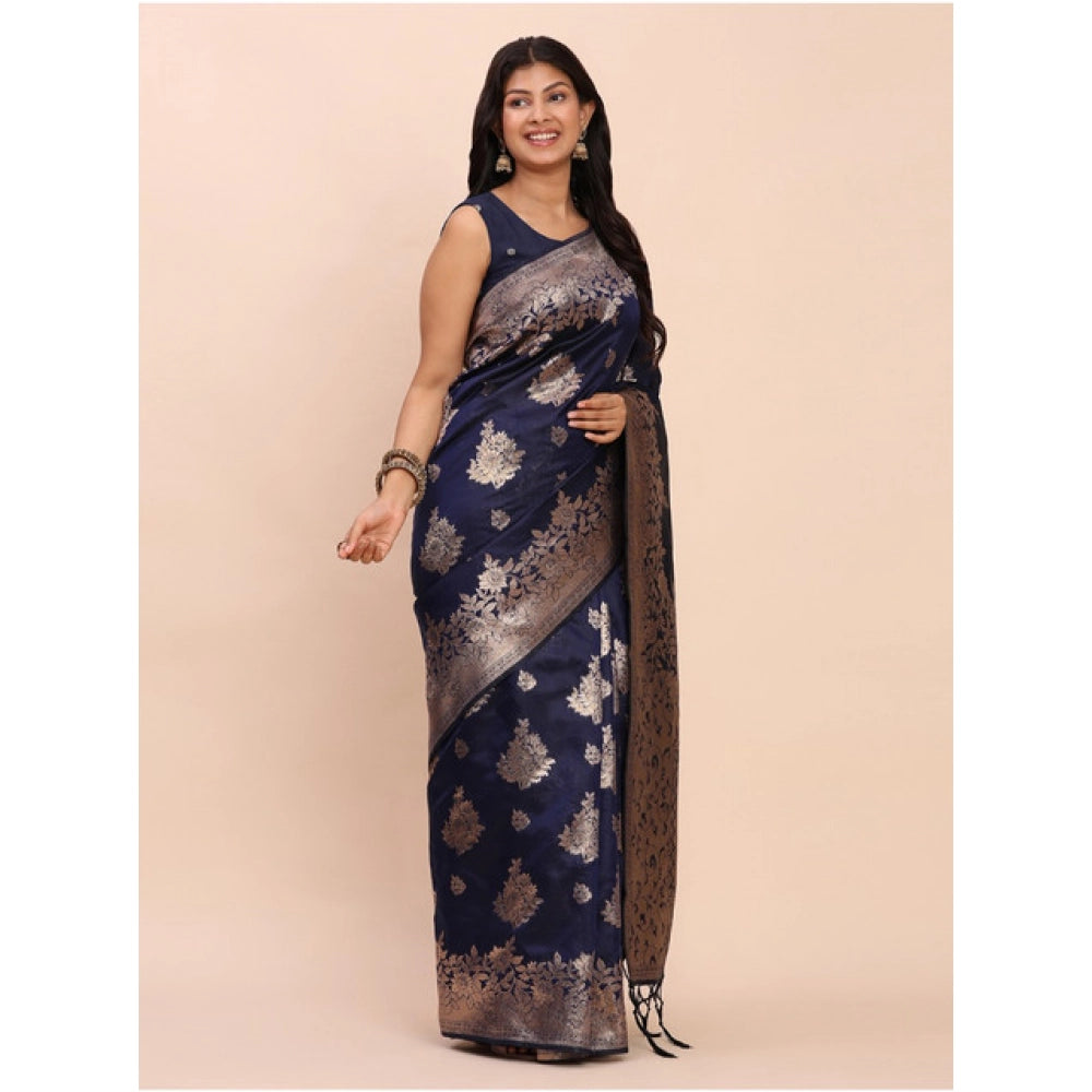 Seduva Women's Banarasi Silk Printed Saree With Unstitched Blouse 5.5Mtr (Navy Blue)