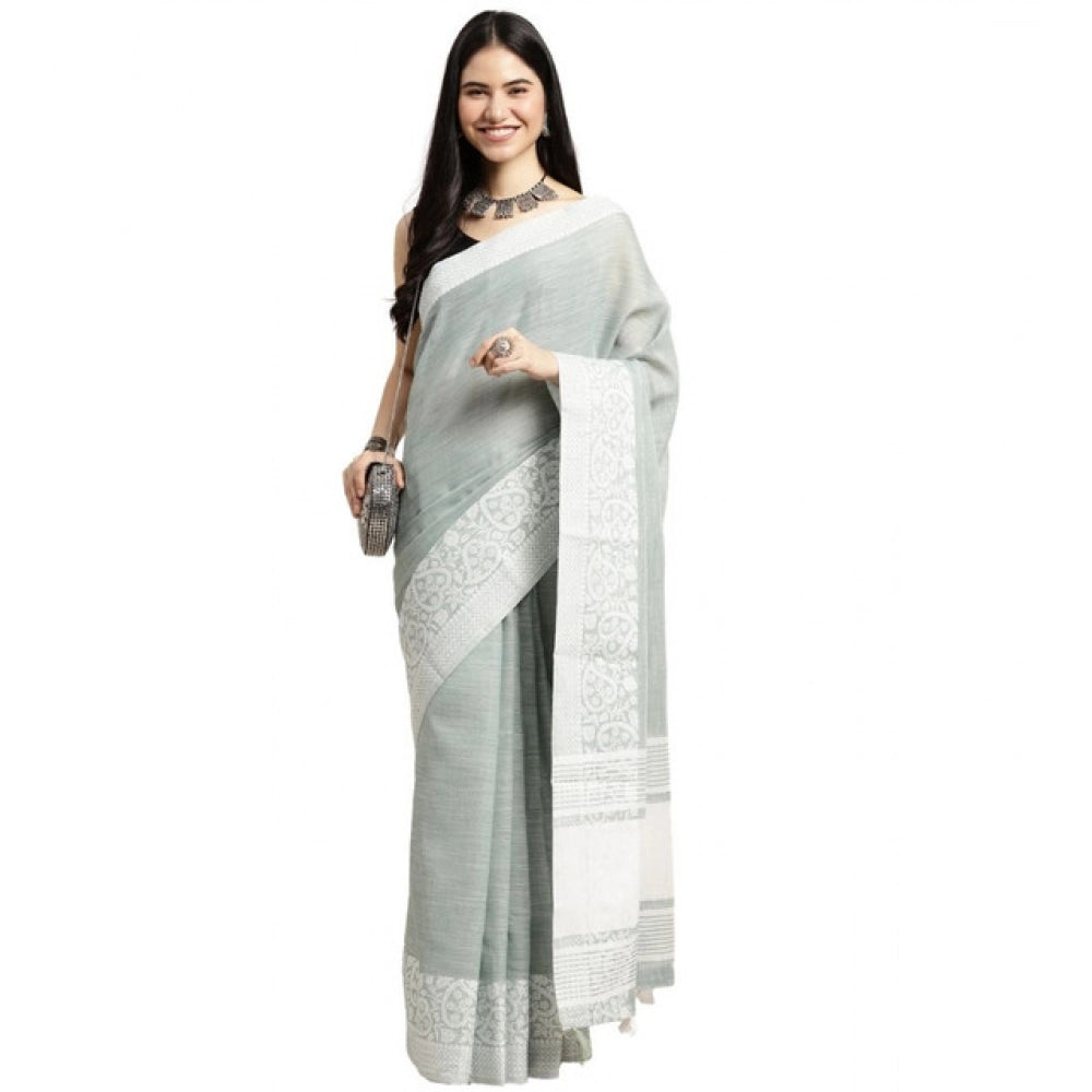 Seduva Women's Linen Printed Saree With Unstitched Blouse 5.5Mtr (Sea Green)
