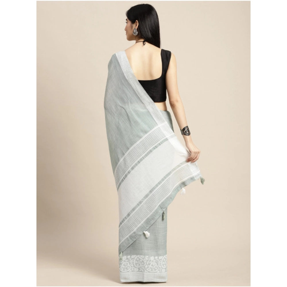Seduva Women's Linen Printed Saree With Unstitched Blouse 5.5Mtr (Sea Green)
