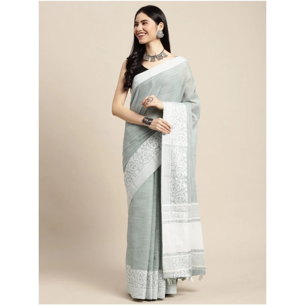 Seduva Women's Linen Printed Saree With Unstitched Blouse 5.5Mtr (Sea Green)