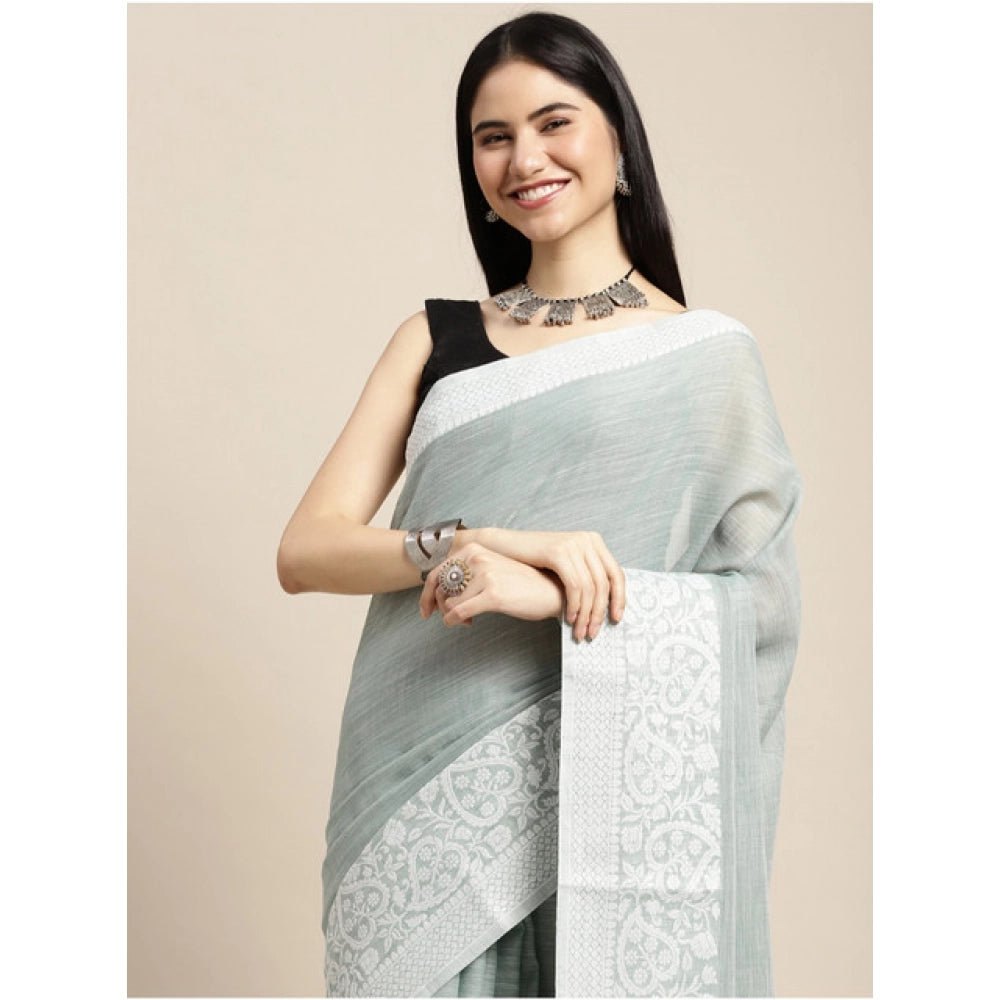 Seduva Women's Linen Printed Saree With Unstitched Blouse 5.5Mtr (Sea Green)