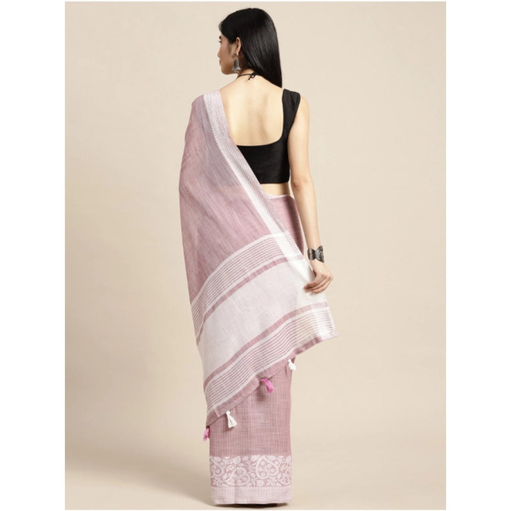 Seduva Women's Linen Printed Saree With Unstitched Blouse 5.5Mtr (Purple)