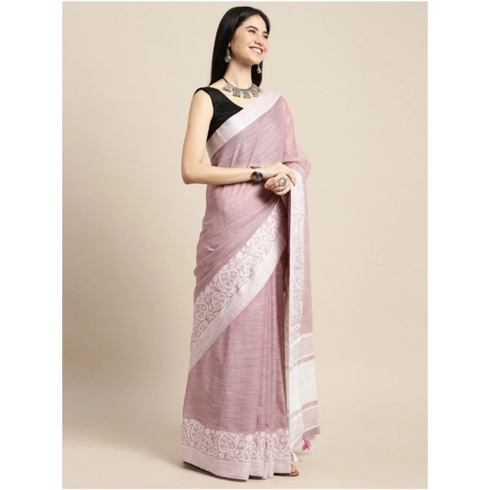 Seduva Women's Linen Printed Saree With Unstitched Blouse 5.5Mtr (Purple)