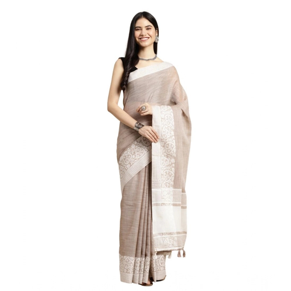 Seduva Women's Linen Printed Saree With Unstitched Blouse 5.5Mtr (Beige)