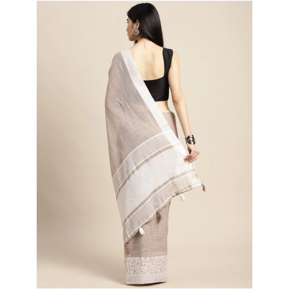 Seduva Women's Linen Printed Saree With Unstitched Blouse 5.5Mtr (Beige)