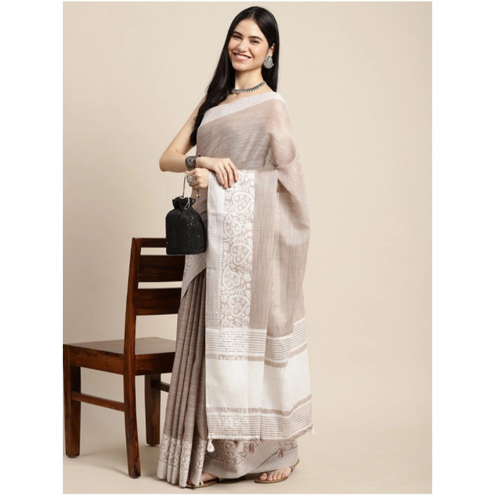 Seduva Women's Linen Printed Saree With Unstitched Blouse 5.5Mtr (Beige)