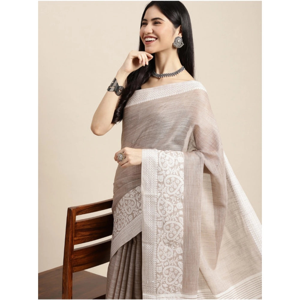 Seduva Women's Linen Printed Saree With Unstitched Blouse 5.5Mtr (Beige)