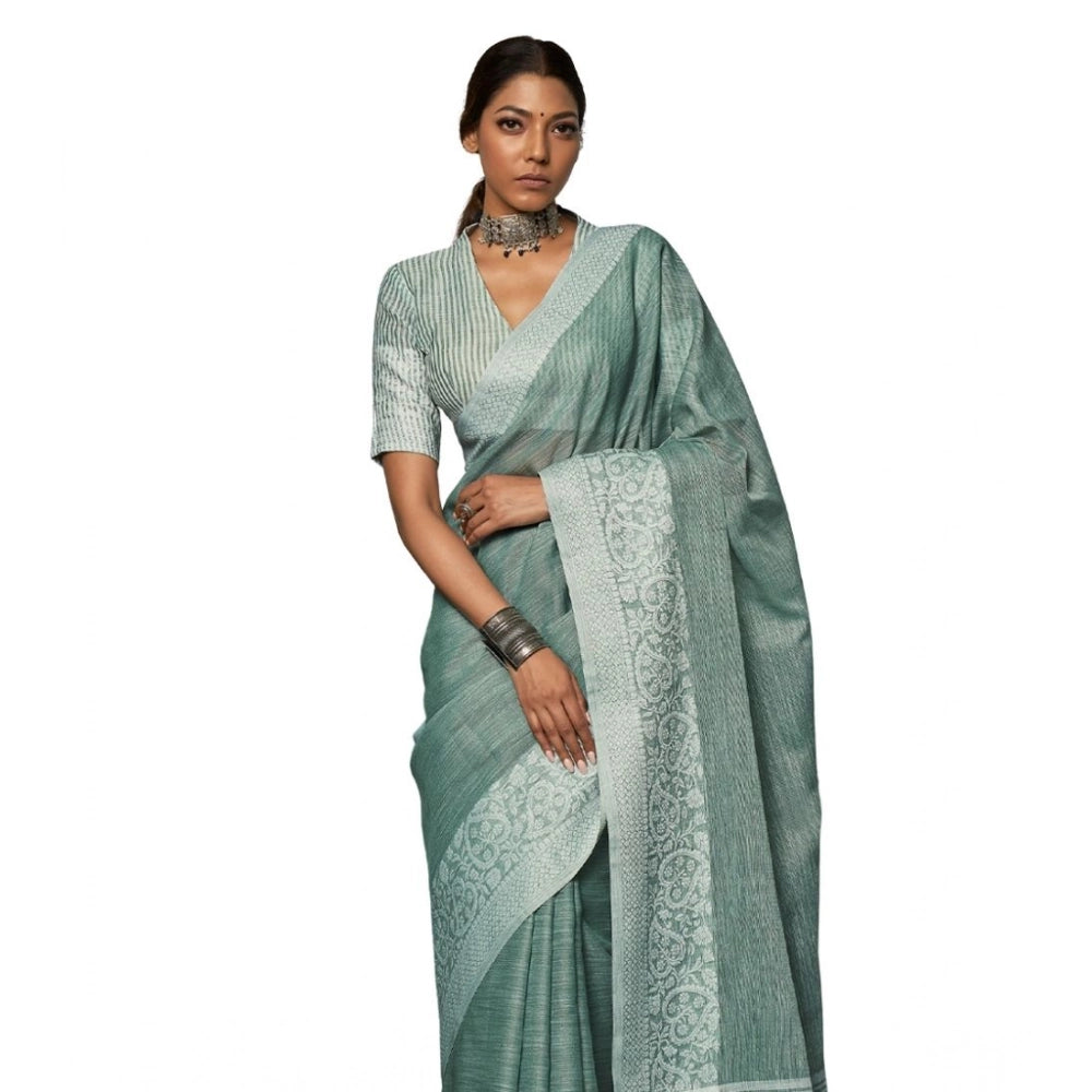 Seduva Women's Linen Printed Saree With Unstitched Blouse 5.5Mtr (Sea Green)