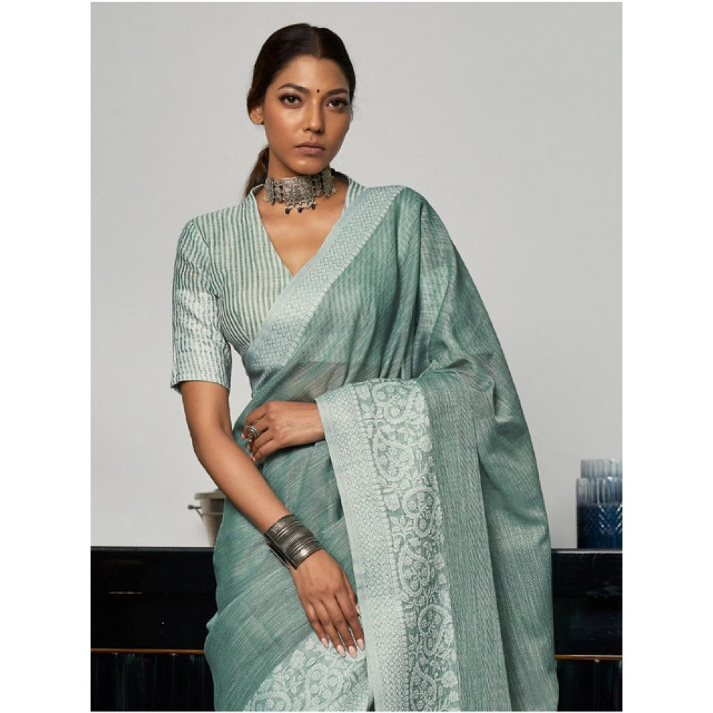 Seduva Women's Linen Printed Saree With Unstitched Blouse 5.5Mtr (Sea Green)
