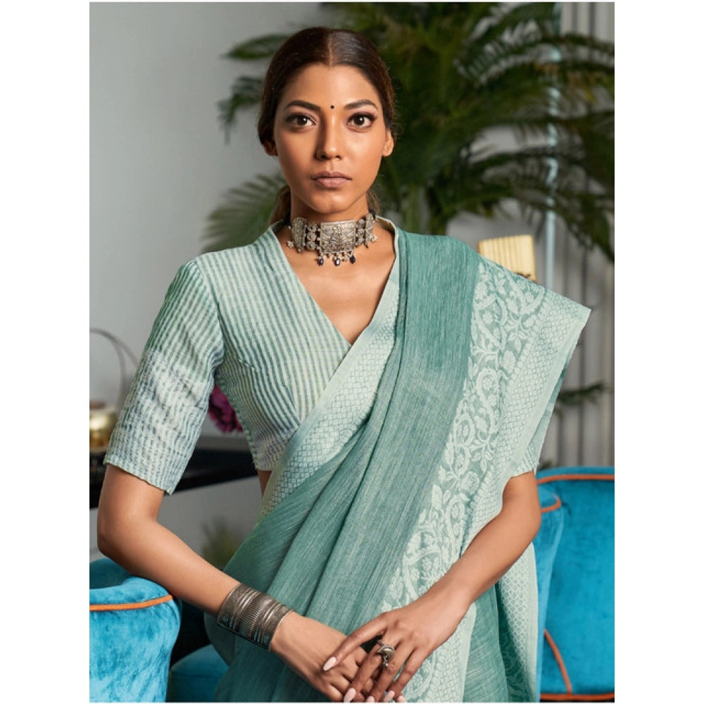 Seduva Women's Linen Printed Saree With Unstitched Blouse 5.5Mtr (Sea Green)