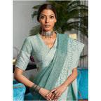 Seduva Women's Linen Printed Saree With Unstitched Blouse 5.5Mtr (Sea Green)