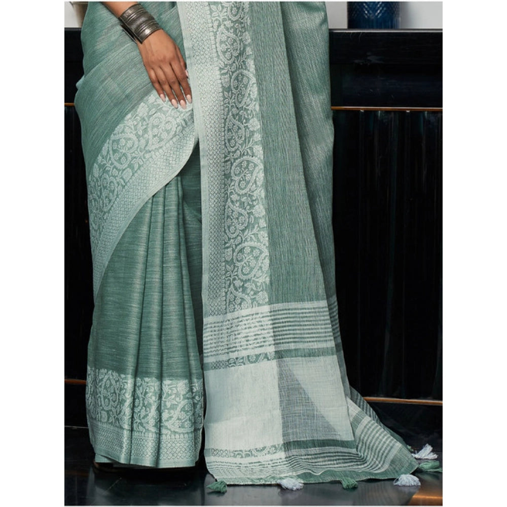 Seduva Women's Linen Printed Saree With Unstitched Blouse 5.5Mtr (Sea Green)