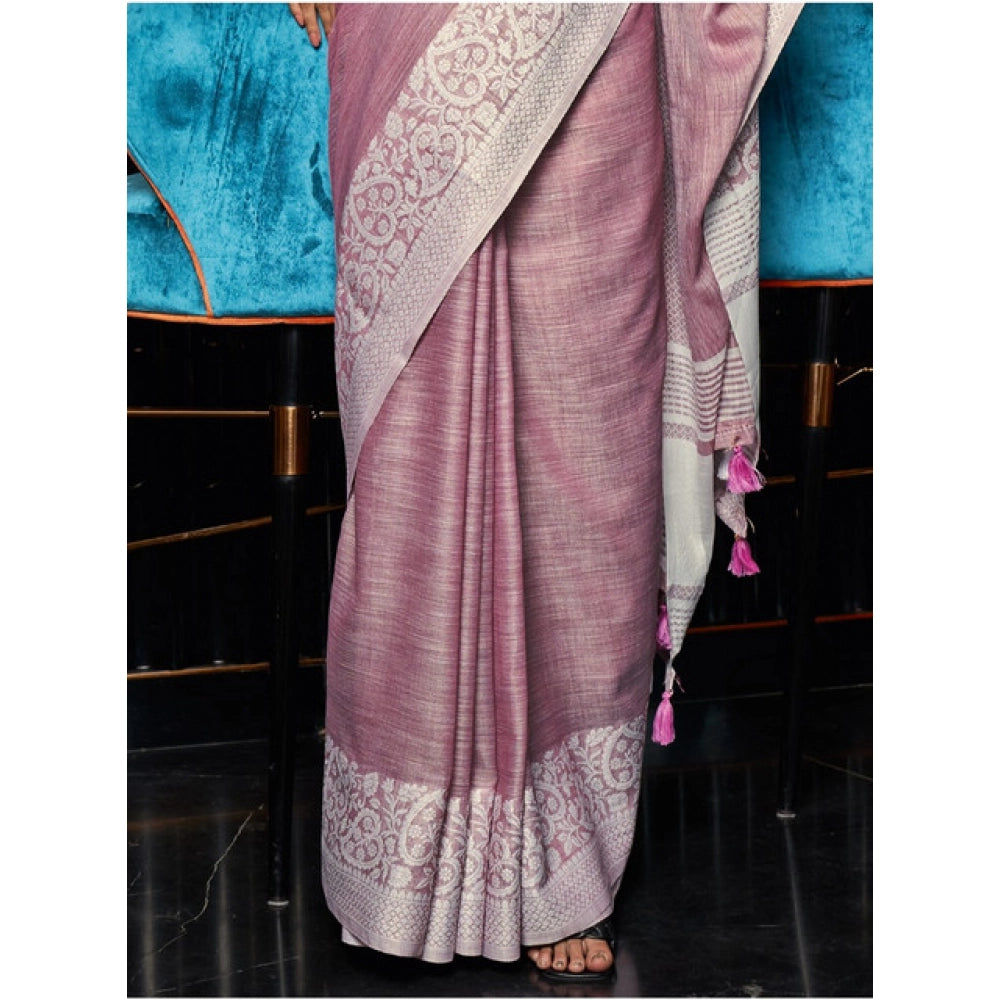 Seduva Women's Linen Printed Saree With Unstitched Blouse 5.5Mtr (Purple)