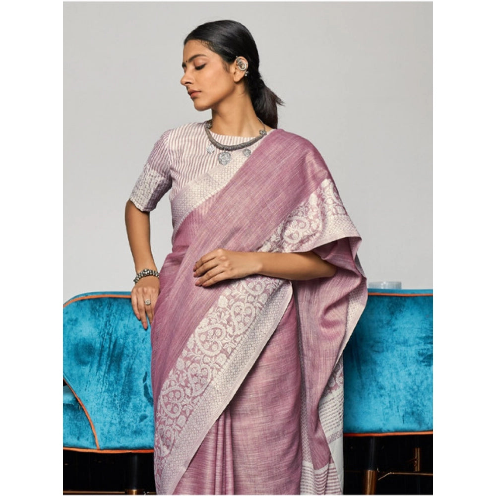 Seduva Women's Linen Printed Saree With Unstitched Blouse 5.5Mtr (Purple)