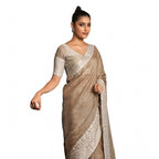 Seduva Women's Linen Printed Saree With Unstitched Blouse 5.5Mtr (Beige)