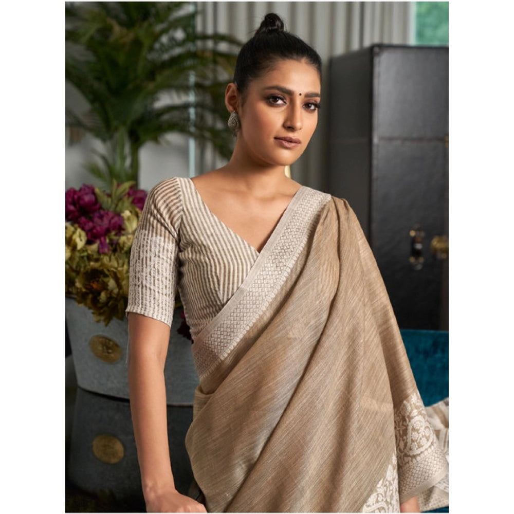Seduva Women's Linen Printed Saree With Unstitched Blouse 5.5Mtr (Beige)