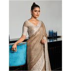 Seduva Women's Linen Printed Saree With Unstitched Blouse 5.5Mtr (Beige)