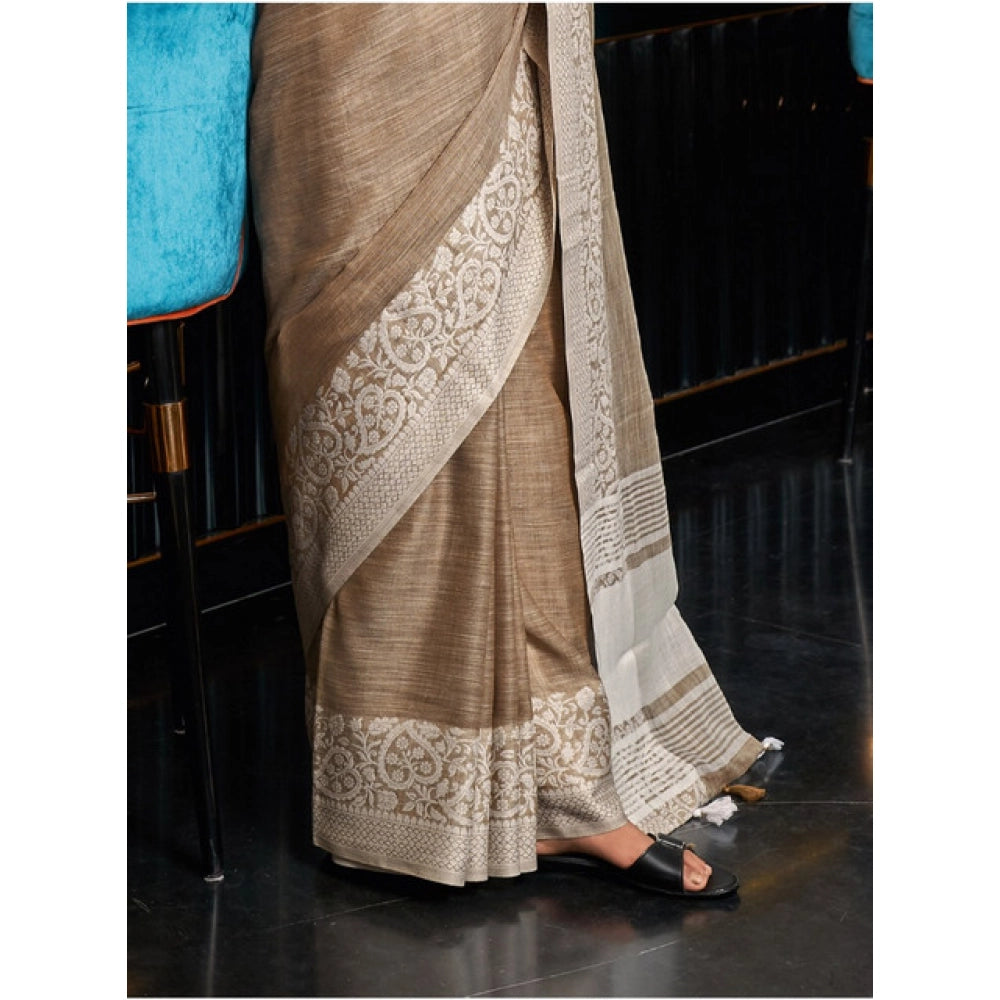 Seduva Women's Linen Printed Saree With Unstitched Blouse 5.5Mtr (Beige)