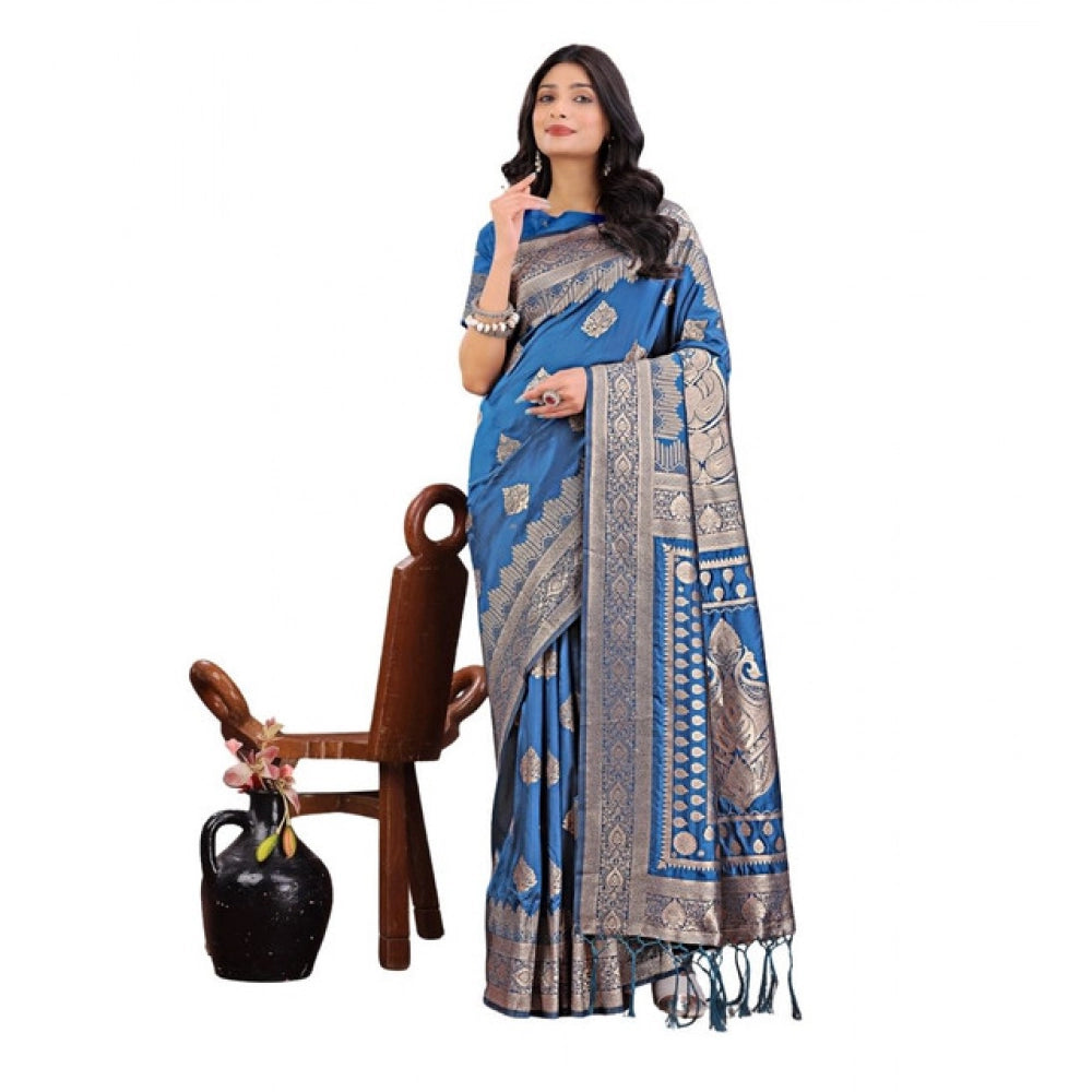 Seduva Women's Silk Printed Saree With Unstitched Blouse 5.5Mtr (Sky Blue)