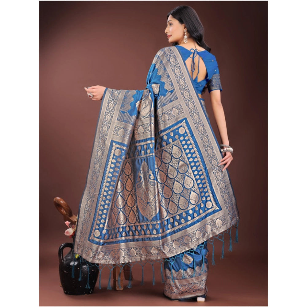 Seduva Women's Silk Printed Saree With Unstitched Blouse 5.5Mtr (Sky Blue)