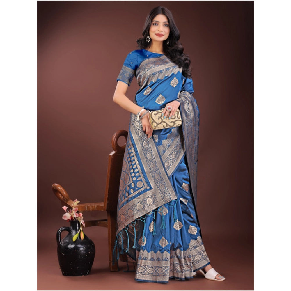 Seduva Women's Silk Printed Saree With Unstitched Blouse 5.5Mtr (Sky Blue)