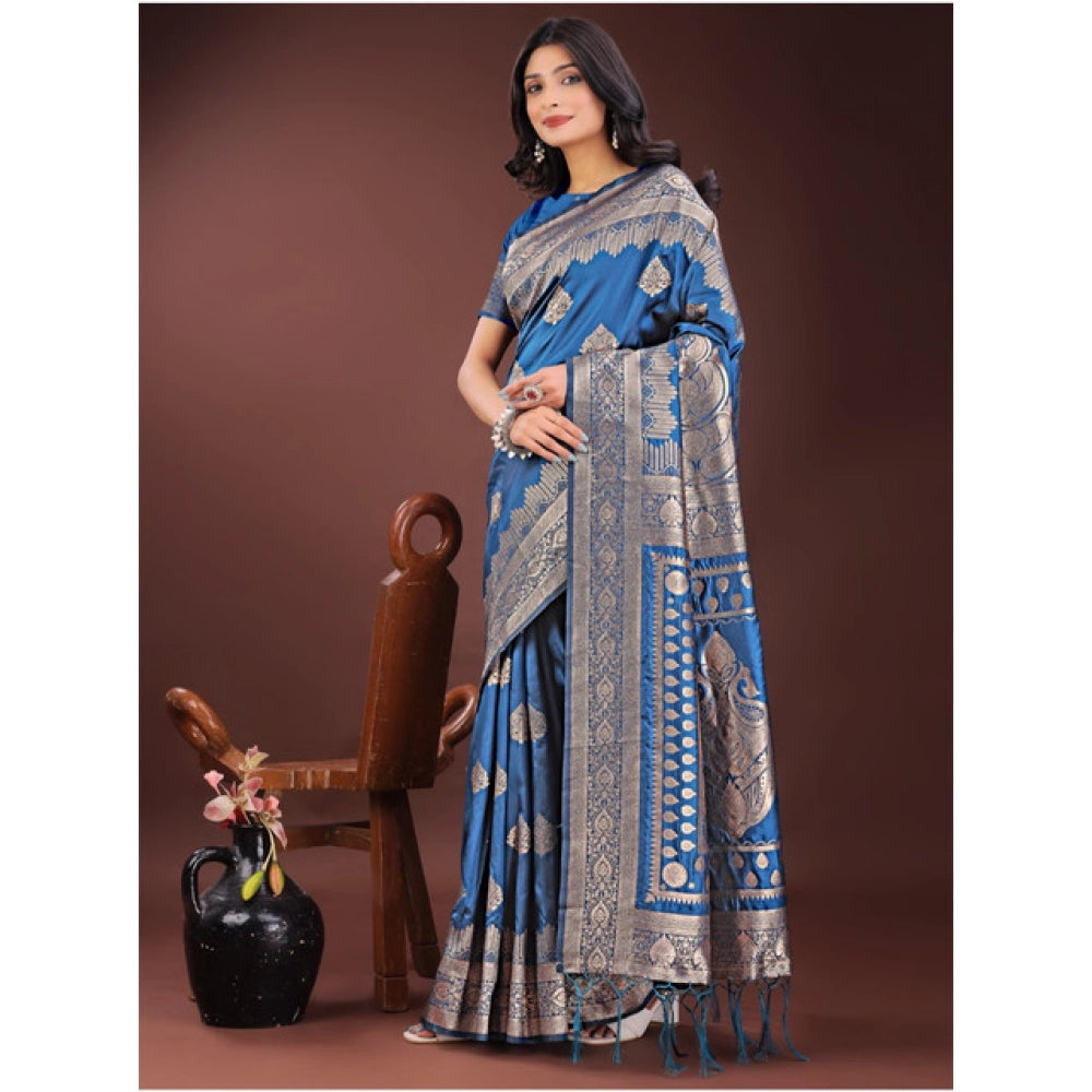 Seduva Women's Silk Printed Saree With Unstitched Blouse 5.5Mtr (Sky Blue)