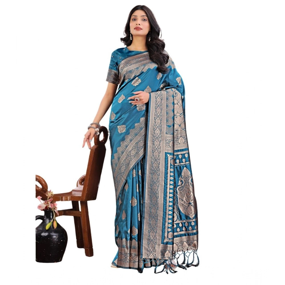 Seduva Women's Silk Printed Saree With Unstitched Blouse 5.5Mtr (Teal)
