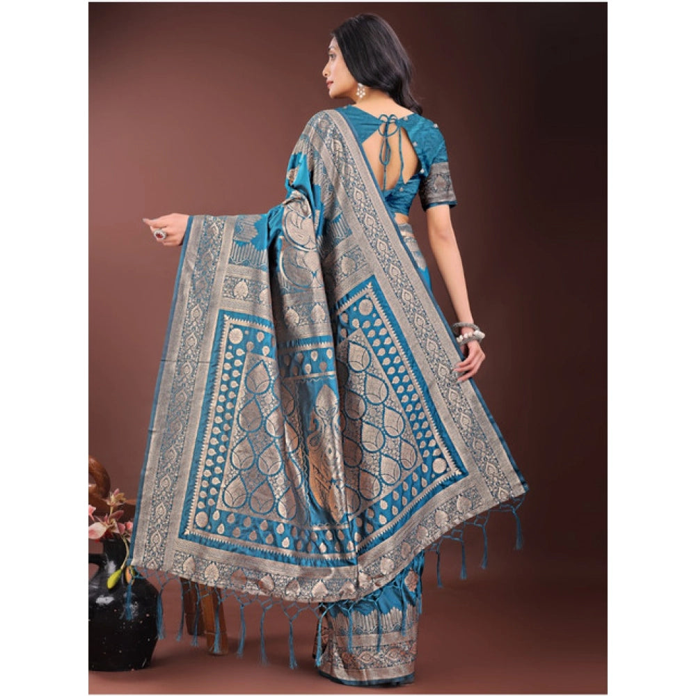 Seduva Women's Silk Printed Saree With Unstitched Blouse 5.5Mtr (Teal)