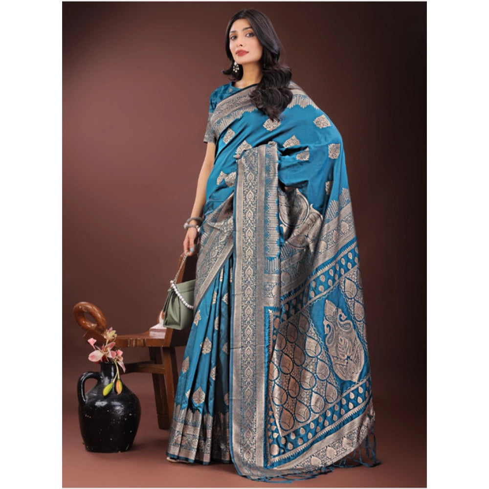 Seduva Women's Silk Printed Saree With Unstitched Blouse 5.5Mtr (Teal)