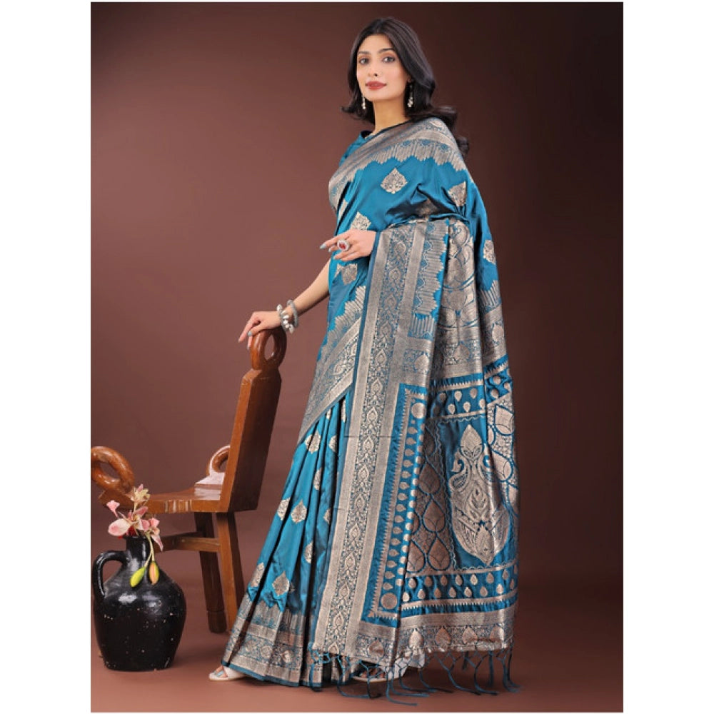 Seduva Women's Silk Printed Saree With Unstitched Blouse 5.5Mtr (Teal)