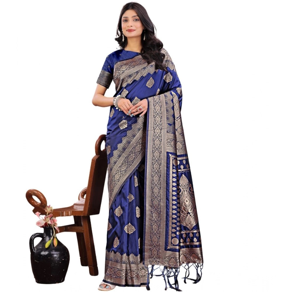 Seduva Women's Silk Printed Saree With Unstitched Blouse 5.5Mtr (Navy Blue)