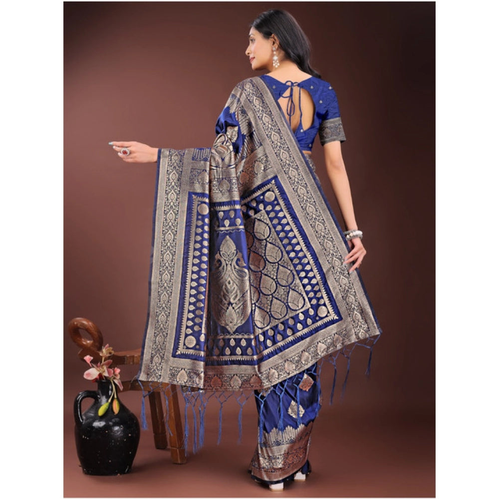 Seduva Women's Silk Printed Saree With Unstitched Blouse 5.5Mtr (Navy Blue)