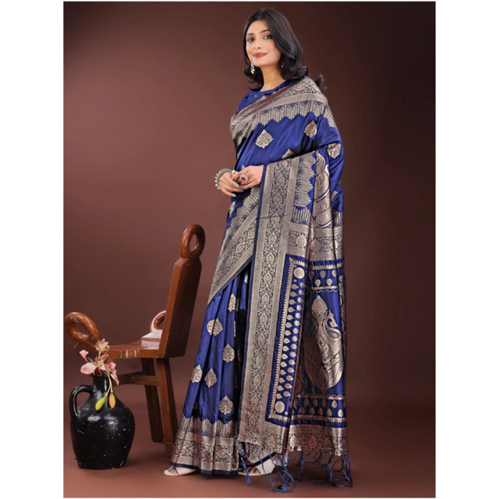Seduva Women's Silk Printed Saree With Unstitched Blouse 5.5Mtr (Navy Blue)