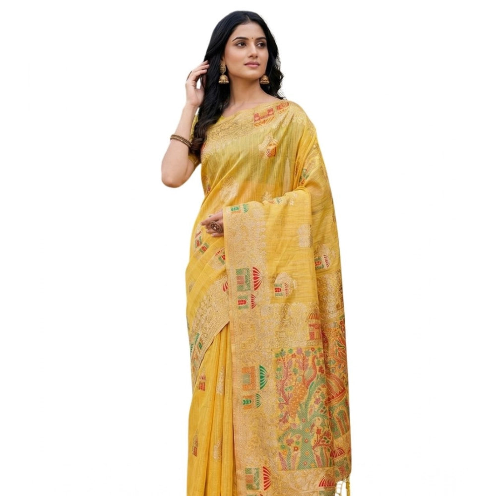 Seduva Women's Linen Cotton Printed Saree With Unstitched Blouse 5.5Mtr (Yellow)