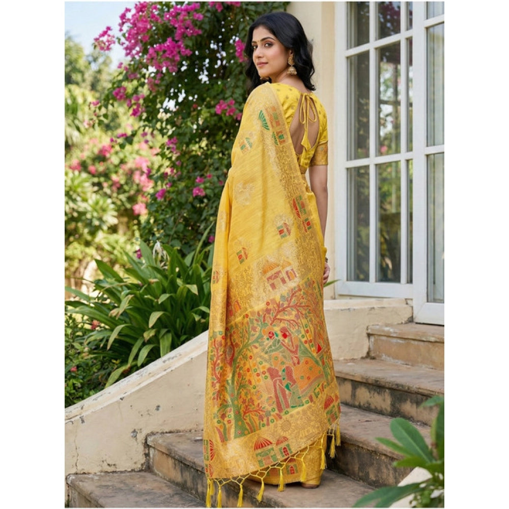 Seduva Women's Linen Cotton Printed Saree With Unstitched Blouse 5.5Mtr (Yellow)