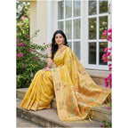 Seduva Women's Linen Cotton Printed Saree With Unstitched Blouse 5.5Mtr (Yellow)