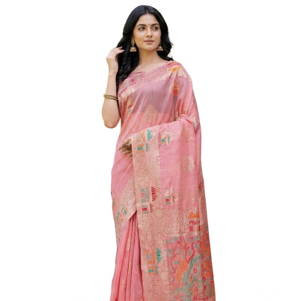 Seduva Women's Linen Cotton Printed Saree With Unstitched Blouse 5.5Mtr (Pink)