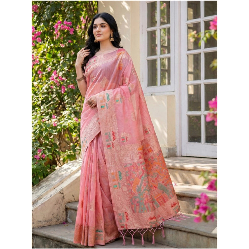 Seduva Women's Linen Cotton Printed Saree With Unstitched Blouse 5.5Mtr (Pink)