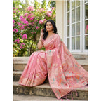 Seduva Women's Linen Cotton Printed Saree With Unstitched Blouse 5.5Mtr (Pink)