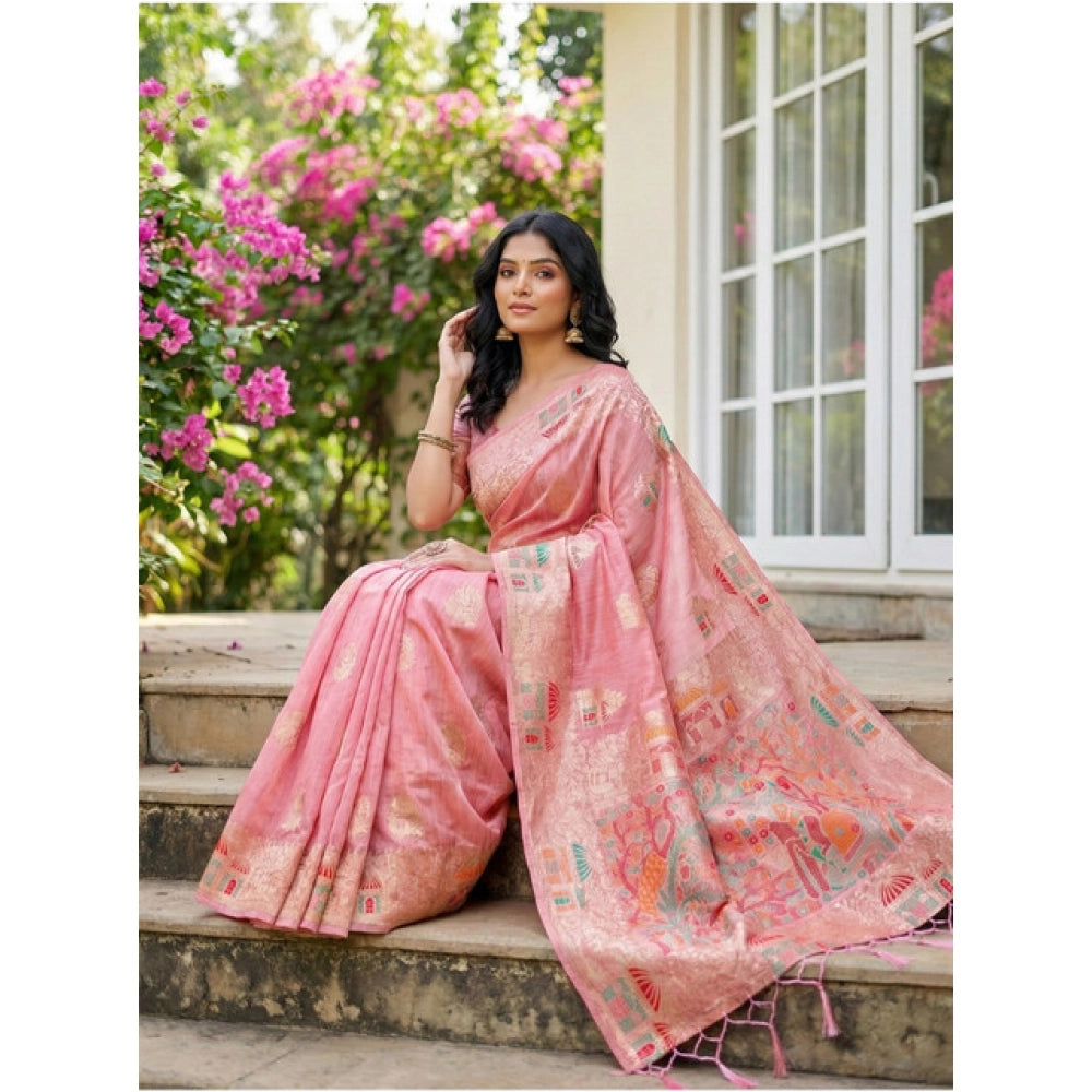 Seduva Women's Linen Cotton Printed Saree With Unstitched Blouse 5.5Mtr (Pink)