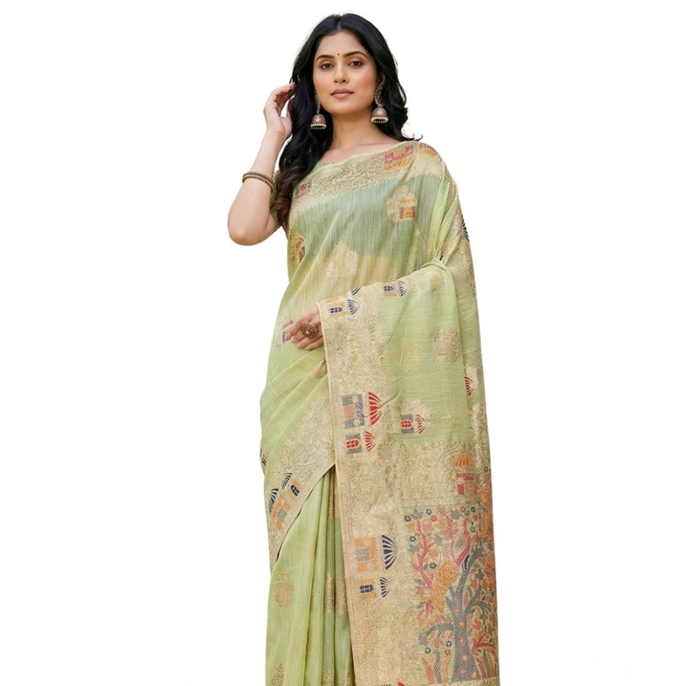 Seduva Women's Linen Cotton Printed Saree With Unstitched Blouse 5.5Mtr (Light Green)