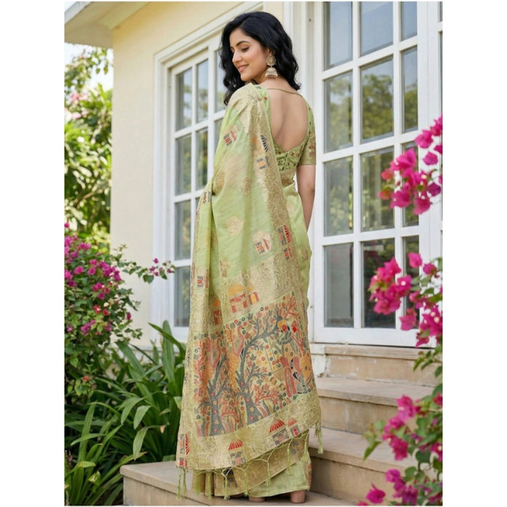 Seduva Women's Linen Cotton Printed Saree With Unstitched Blouse 5.5Mtr (Light Green)
