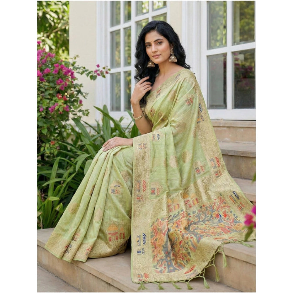 Seduva Women's Linen Cotton Printed Saree With Unstitched Blouse 5.5Mtr (Light Green)