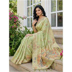 Seduva Women's Linen Cotton Printed Saree With Unstitched Blouse 5.5Mtr (Light Green)