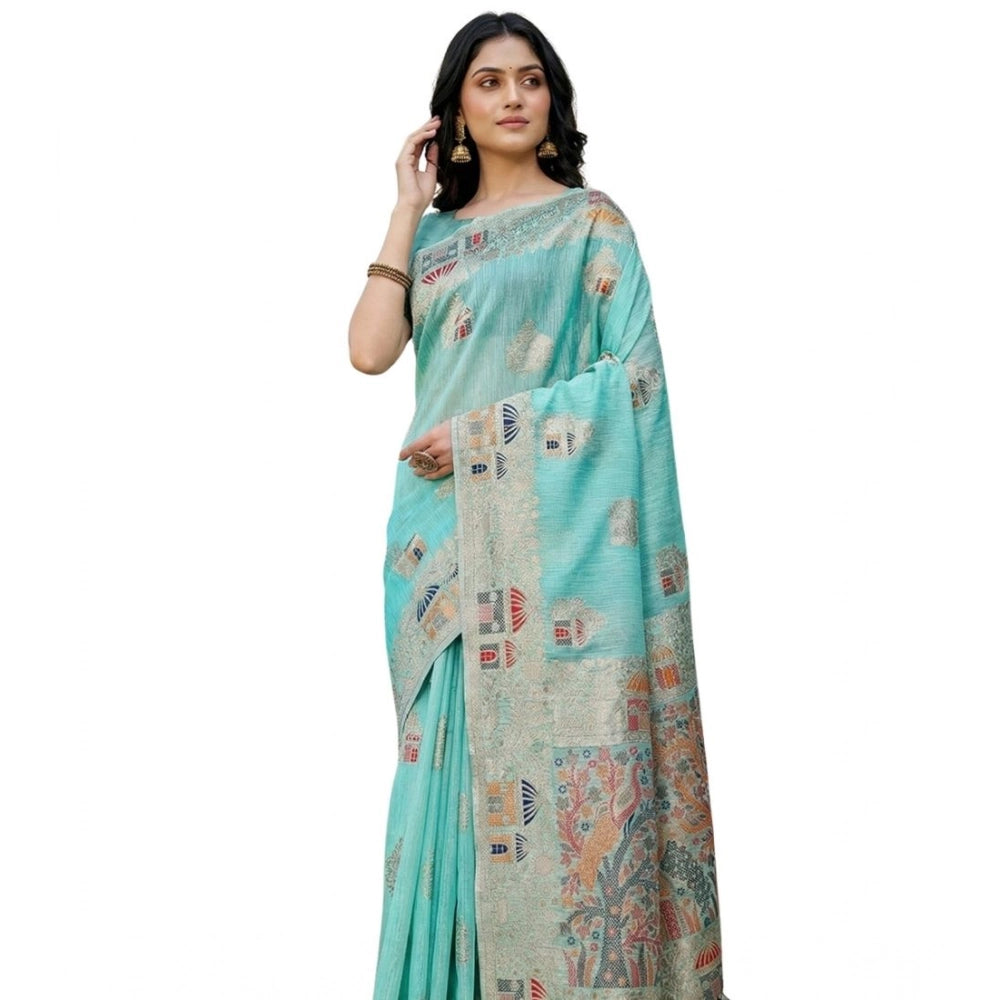 Seduva Women's Linen Cotton Printed Saree With Unstitched Blouse 5.5Mtr (Sky Blue)
