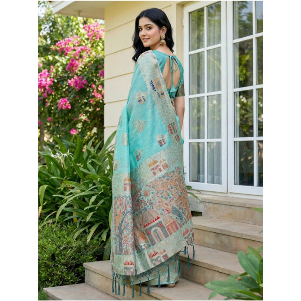Seduva Women's Linen Cotton Printed Saree With Unstitched Blouse 5.5Mtr (Sky Blue)
